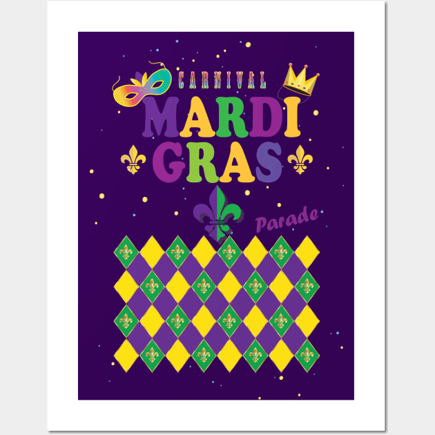 Mardi Gras Carnival Festive Geometrical Fleur de Lis Rhombus Arrangement Pattern, Green, Yellow, Purple color, Festival Party Decoration. Modern Art Wall Art by sofiartmedia